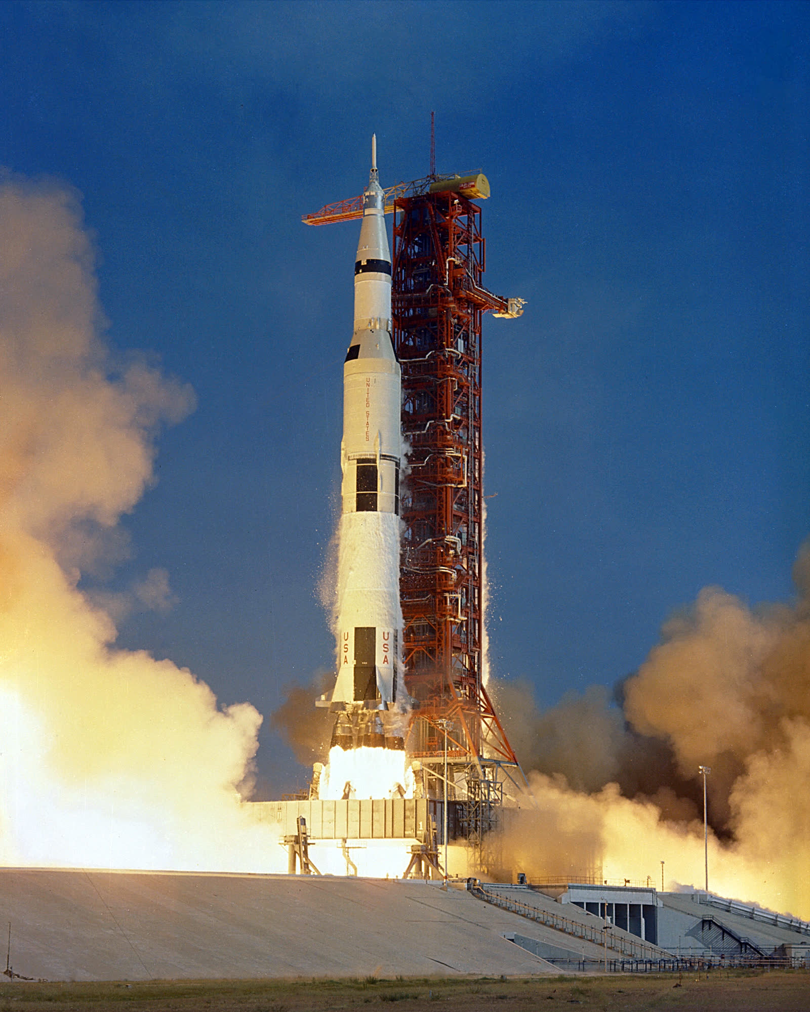 The Apollo 11 Saturn V rocket launching from Kennedy Space Center in 1969