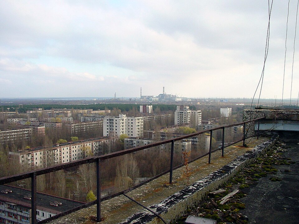 The Chernobyl nuclear power plant seen from the abandoned city of Pripyat