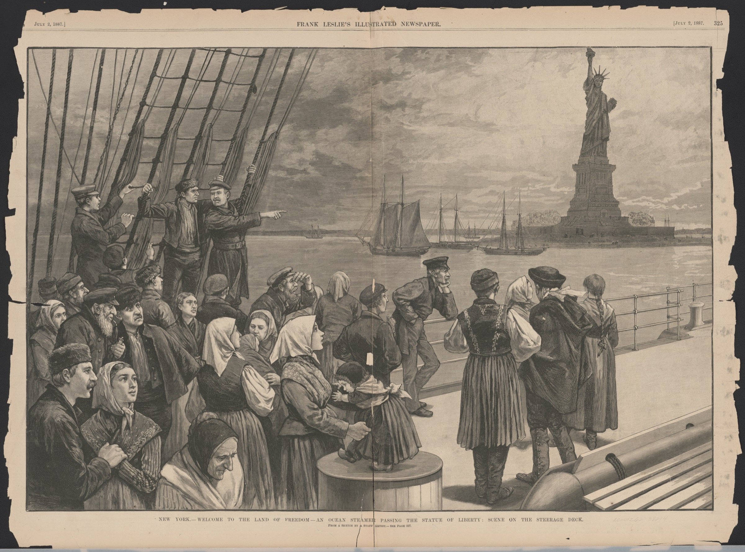Immigrants on the steerage deck view the Statue of Liberty, 1887