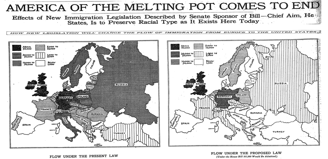 New York Times clipping from April 27, 1924, headlined 'America of the Melting Pot Comes to End,' with two maps of Europe comparing immigration flow under the old law and the proposed 1924 quota law