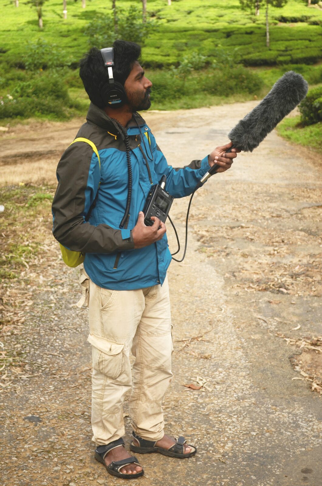 A field researcher holding a microphone on a boom pole and wearing headphones, recording bird calls outdoors