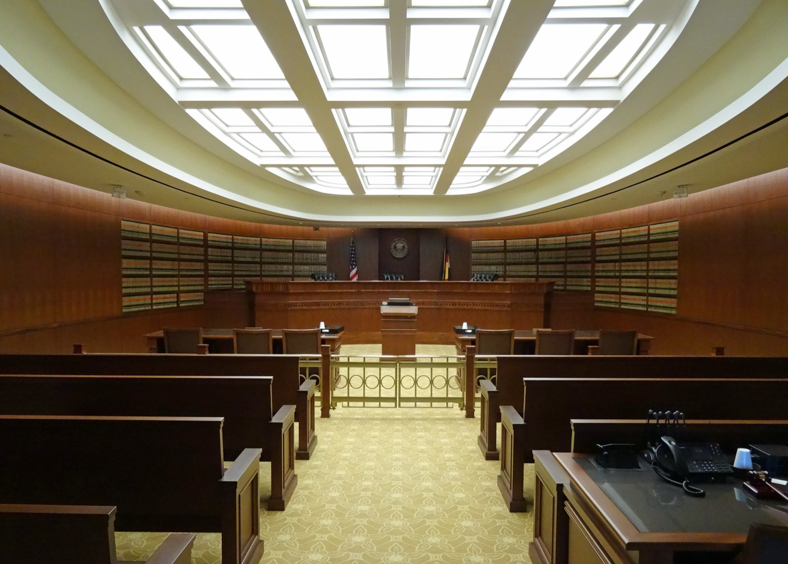 The interior of the Colorado Court of Appeals courtroom, with judges' bench, wood paneling, and rows of seating
