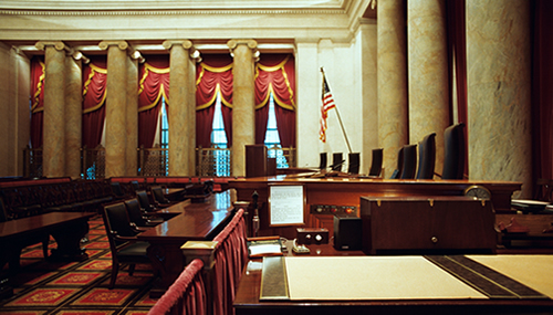 The courtroom inside the U.S. Supreme Court Building, showing the justices' bench